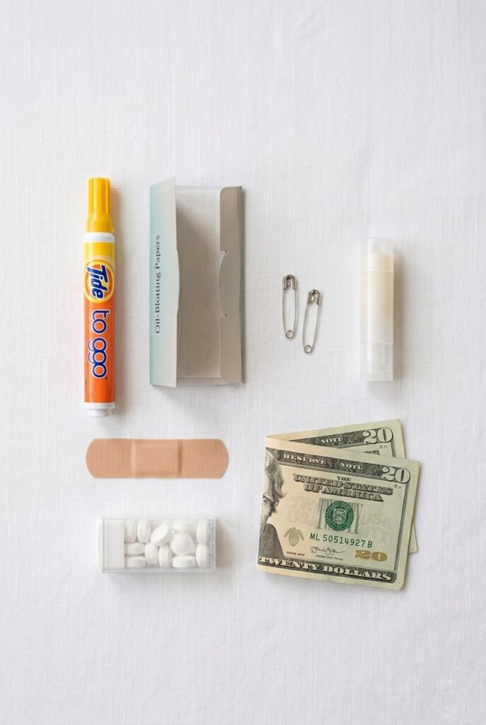 Small wedding guest emergency kit contents laid flat — a Tide To Go pen, blotting papers, two safety pins, clear lip balm, a bandage strip, breath mints, and folded cash — soft natural light on a white linen surface Image prompt: Photorealistic flat-lay portrait of a compact wedding guest emergency kit arranged neatly on a crisp white linen surface — a Tide To Go stain pen, a slim packet of blotting papers, two safety pins, a small tube of clear lip balm, a single bandage strip, a small roll of breath mints, and two folded twenty-dollar bills — soft even natural daylight from above, ultra-detailed product textures, minimalist and clean composition, no text overlays. Generate in vertical portrait orientation, 2:3 aspect ratio, optimized for mobile display.