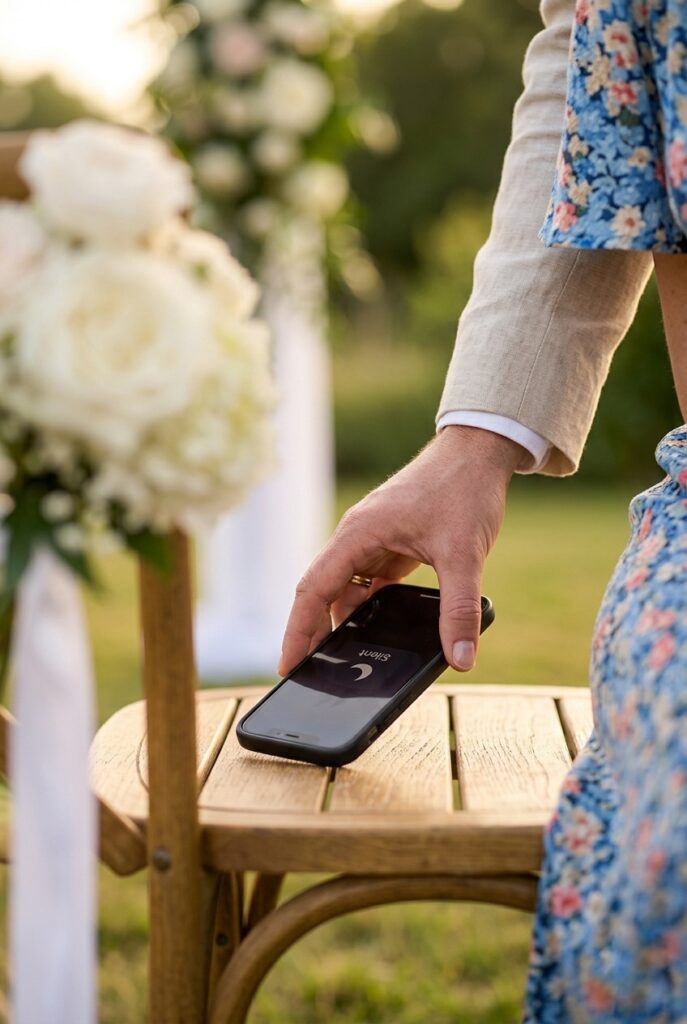 Close-up of a wedding guest's hand sliding a phone face-down onto a wooden ceremony chair seat, turning it to silent, ceremony flowers blurred in the background, warm afternoon light Image prompt: Photorealistic close-up portrait of a well-dressed wedding guest's hand placing a smartphone face-down onto the seat of a wooden folding chair, the screen clearly powered to silent mode visible briefly, warm soft afternoon ceremony light, blurred white floral arrangement visible in the background, ultra-detailed fabric and phone texture, intimate and intentional feel, no text overlays. Generate in vertical portrait orientation, 2:3 aspect ratio, optimized for mobile display.