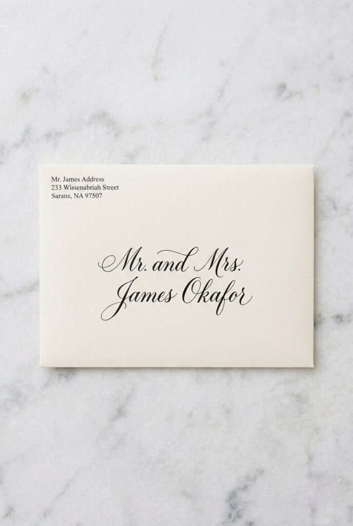 Close-up of a wedding invitation envelope with names written in calligraphy — "Mr. and Mrs. James Okafor" — on a marble surface, soft natural light Image prompt: Photorealistic close-up portrait of a formal wedding invitation envelope lying on a white marble surface, the recipient's names written in elegant black calligraphy — "Mr. and Mrs. James Okafor" — with a return address in small script in the upper left, soft even natural daylight from above, ultra-detailed paper and ink texture, clean and refined composition, no text overlays. Generate in vertical portrait orientation, 2:3 aspect ratio, optimized for mobile display.