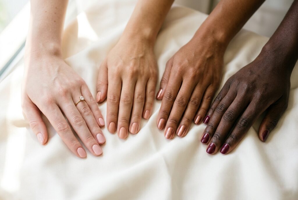 IMAGE 1 HERE Alt text: Fair-skinned bride with cool-toned complexion showing a sheer icy pink manicure on oval-shaped nails against white lace wedding dress fabric Image prompt: Photorealistic close-up of a fair-skinned hand with visible cool pink undertones, wearing a sheer icy pink gel manicure on medium-length oval nails, resting against white lace fabric, soft natural window light from the left side, crisp editorial focus on the nail surface, no jewelry visible, clean background of ivory lace texture. Generate in vertical portrait orientation, 2:3 aspect ratio, optimized for mobile display.