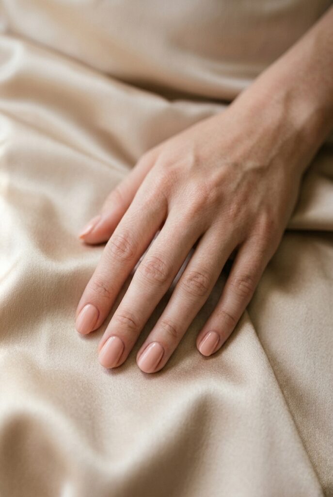 IMAGE 2 HERE Alt text: Fair-skinned bride with warm golden undertones wearing a peach-nude gel manicure on almond-shaped nails beside a champagne-colored wedding gown Image prompt: Photorealistic close-up of a fair-skinned hand with subtle warm golden undertones, wearing a peachy nude gel manicure on almond-shaped medium-length nails, resting against champagne-colored satin fabric, warm soft natural window light, slightly warm color grading, no text, no jewelry, editorial bridal photography feel. Generate in vertical portrait orientation, 2:3 aspect ratio, optimized for mobile display.