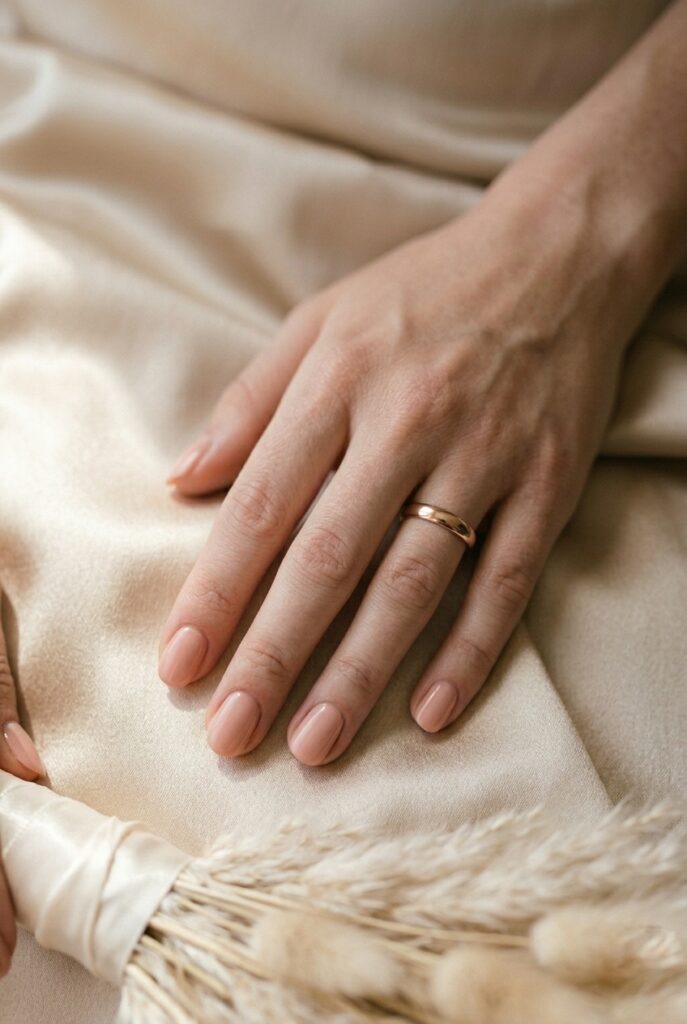 IMAGE 3 HERE Alt text: Light-medium neutral-toned bride wearing a dusty rose manicure with soft sheen on square-oval nails, hand resting on pampas grass bouquet wrapping Image prompt: Photorealistic close-up of a light-medium skin tone hand with neutral undertones wearing a dusty rose gel manicure on squoval-shaped nails, hand resting lightly on ivory ribbon wrapped around a pampas grass bouquet, soft warm natural window light, shallow depth of field, editorial wedding style, no text overlays. Generate in vertical portrait orientation, 2:3 aspect ratio, optimized for mobile display.