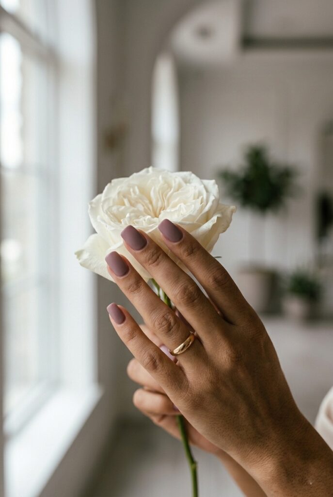 IMAGE 5 HERE Alt text: Cool-toned olive-skinned bride wearing a dusty mauve manicure on short square nails, hand shown holding a white garden rose against a blurred white venue background Image prompt: Photorealistic close-up of an olive-toned hand with cool undertones wearing a dusty mauve gel manicure on short square nails, hand holding a single white garden rose with visible texture and petals, blurred white venue background, soft natural window light with slightly cool tone, editorial bridal close-up photography, no text overlays. Generate in vertical portrait orientation, 2:3 aspect ratio, optimized for mobile display.