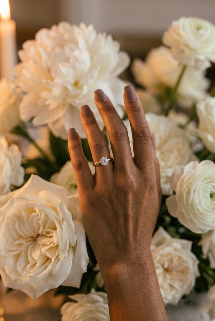 IMAGE 6 HERE Alt text: Medium brown-skinned bride wearing a rich rose-gold shimmer manicure on oval nails, hand raised to show wedding ring against a white floral background Image prompt: Photorealistic close-up of a medium brown-skinned hand wearing a rose-gold shimmer gel manicure on oval-shaped nails with a delicate solitaire engagement ring visible, hand raised slightly against a soft-focus white floral backdrop, warm candlelit atmosphere with golden light from the left, skin tone rich and luminous, editorial bridal photography, no text overlays. Generate in vertical portrait orientation, 2:3 aspect ratio, optimized for mobile display.