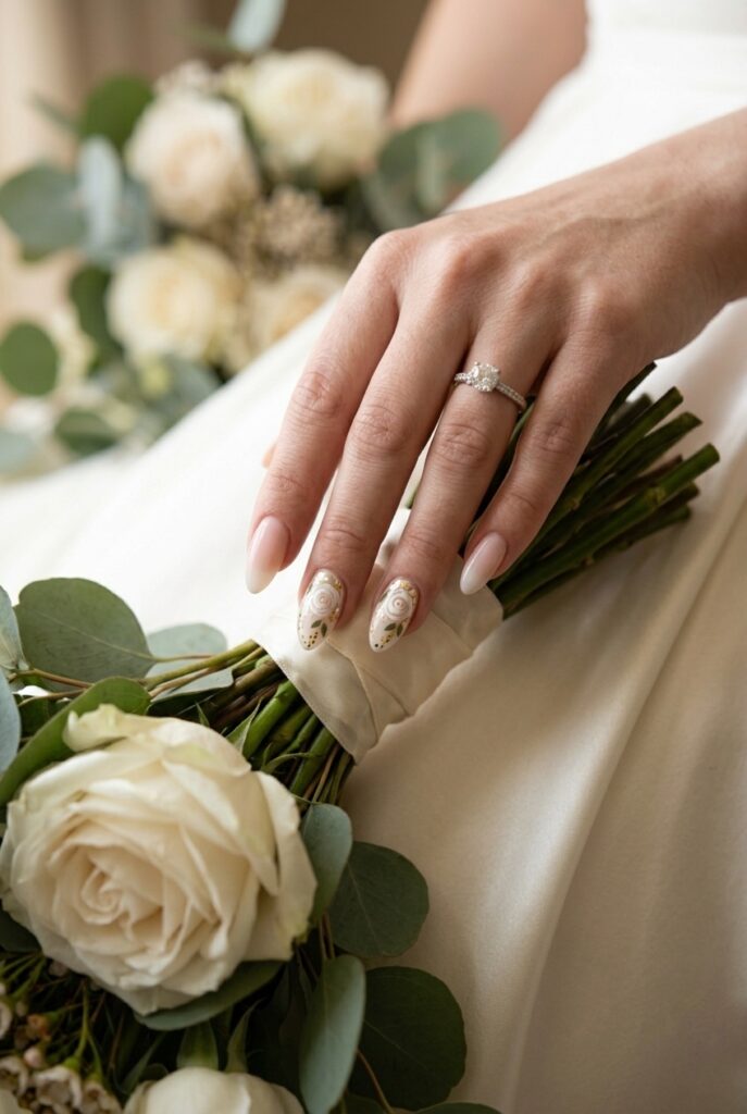 IMAGE 1 HERE Alt text: Bride's almond nails with hand-painted micro white garden rose nail art on sheer pink base, matching white bouquet roses visible Image prompt: Photorealistic close-up of a bride's hand with hand-painted miniature white garden rose nail art on almond nails — tiny white roses with yellow-green centers and small dark green leaves on three nails, sheer blush base on the remaining nails — fingers curled loosely around a white garden rose and eucalyptus bridal bouquet with matching flowers visible, soft natural window light, editorial close-up wedding photography, no text overlays. Generate in vertical portrait orientation, 2:3 aspect ratio, optimized for mobile display.