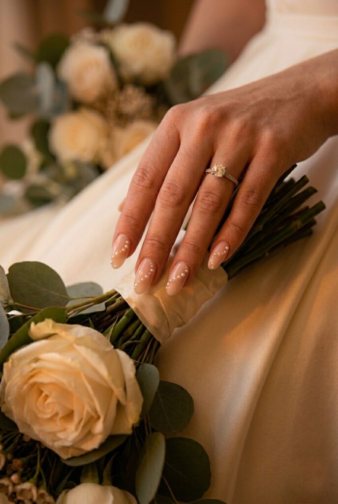 IMAGE 3 HERE Alt text: Bride's oval nails with a sheer blush gel base and tiny flat nano-pearl accents placed in a delicate trail pattern along each nail, warm candlelight setting Image prompt: Photorealistic close-up of a bride's hand with a sheer blush pink gel manicure on oval nails, tiny flat nano-pearls arranged in a delicate curved trailing line pattern across each nail surface, photographed against cream silk fabric, warm amber candlelit atmosphere with the pearl accents catching the light softly, editorial bridal photography, no text overlays. Generate in vertical portrait orientation, 2:3 aspect ratio, optimized for mobile display.
