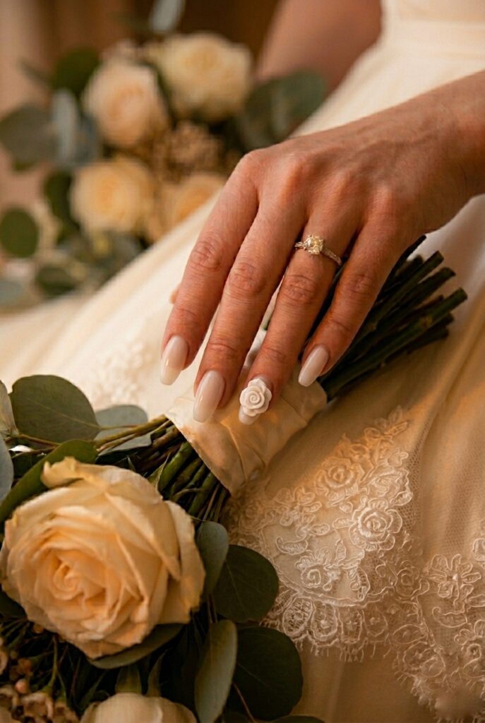 IMAGE 5 HERE Alt text: Bride's almond nails with a single hand-sculpted 3D white rose gel accent on the ring finger nail, remaining nails in sheer milky white, warm candlelight Image prompt: Photorealistic close-up of a bride's hand with four sheer milky white gel nails and one ring-finger nail featuring a single hand-sculpted 3D white rose gel accent with visible petal layers, photographed in warm amber candlelit atmosphere, the sculptural rose casting a small shadow on the nail surface below, editorial bridal photography, no text overlays. Generate in vertical portrait orientation, 2:3 aspect ratio, optimized for mobile display.
