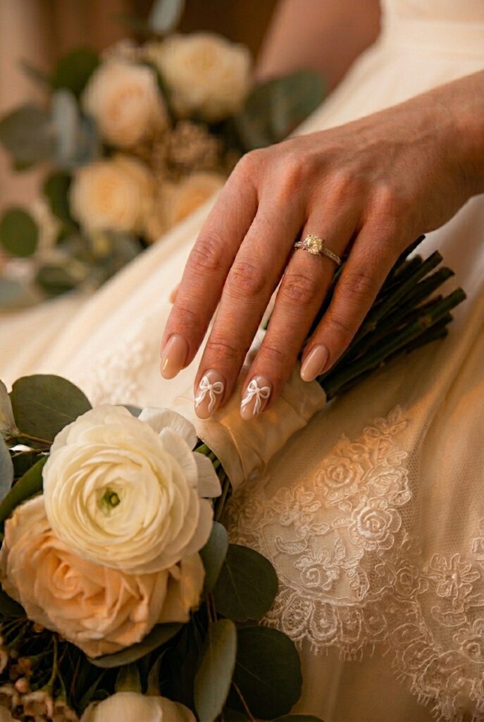 IMAGE 6 HERE Alt text: Bride's short oval nails with hand-painted white satin ribbon bow nail art on a nude gel base, held beside white ranunculus bouquet Image prompt: Photorealistic close-up of a bride's hand with hand-painted white satin-look ribbon bow nail art on short oval nails — delicate painted bow on three nails with a subtle glossy sheen suggesting fabric — over a warm nude gel base, hand resting near a white ranunculus bridal bouquet, soft natural window light, editorial bridal photography, no text overlays. Generate in vertical portrait orientation, 2:3 aspect ratio, optimized for mobile display.