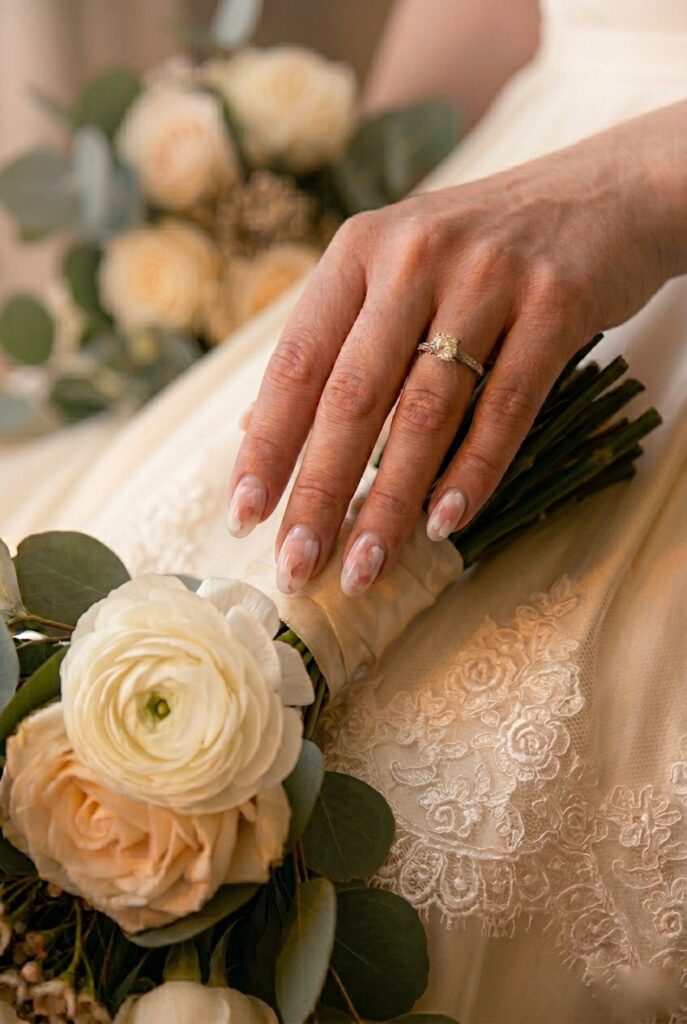 IMAGE 7 HERE Alt text: Bride's oval nails with a delicate watercolor-effect wash of blush and white on a translucent base, photographed in soft morning window light Image prompt: Photorealistic close-up of a bride's hand with a soft watercolor wash nail art effect — diluted blush pink and white gel colors blended wet-on-wet in an abstract cloud-like pattern across the nail surface — on oval medium-length nails, photographed against ivory linen in soft morning natural window light, painterly and diffused aesthetic, editorial bridal photography, no text overlays. Generate in vertical portrait orientation, 2:3 aspect ratio, optimized for mobile display.