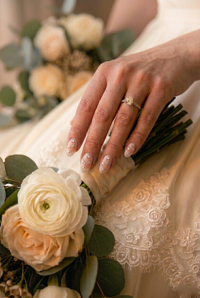 IMAGE 8 HERE Alt text: Bride's almond nails with a precisely composed rhinestone pattern — a constellation scatter of clear AB crystals on a sheer blush gel base — photographed beside a diamond ring Image prompt: Photorealistic close-up of a bride's hand with a sheer blush gel manicure on almond nails with a deliberate constellation pattern of clear AB Swarovski flat-back rhinestones — approximately five to seven stones per nail in an intentional scatter arrangement, not random — beside an oval-cut diamond engagement ring, warm natural window light catching both the crystals and the diamond stone, editorial bridal photography, no text overlays. Generate in vertical portrait orientation, 2:3 aspect ratio, optimized for mobile display.