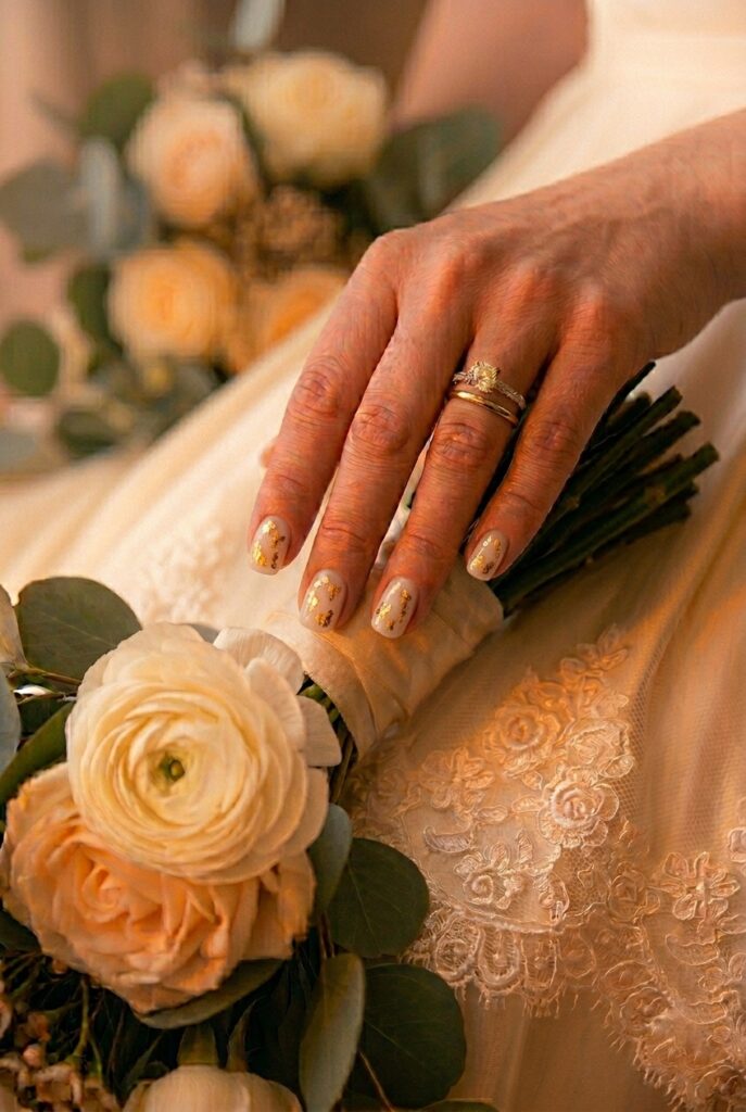IMAGE 10 HERE Alt text: Bride's oval nails with scattered gold foil fragments over a milky white gel base, warm candlelit reception lighting making the foil gleam irregularly Image prompt: Photorealistic close-up of a bride's hand with scattered irregular gold foil fragment nail art over a milky white gel base on oval nails — organic, non-uniform gold flake shapes distributed across the nail surface without a pattern — photographed in warm amber candlelit reception atmosphere, the gold foil catching the candlelight in multiple irregular reflections, editorial bridal photography, no text overlays. Generate in vertical portrait orientation, 2:3 aspect ratio, optimized for mobile display.