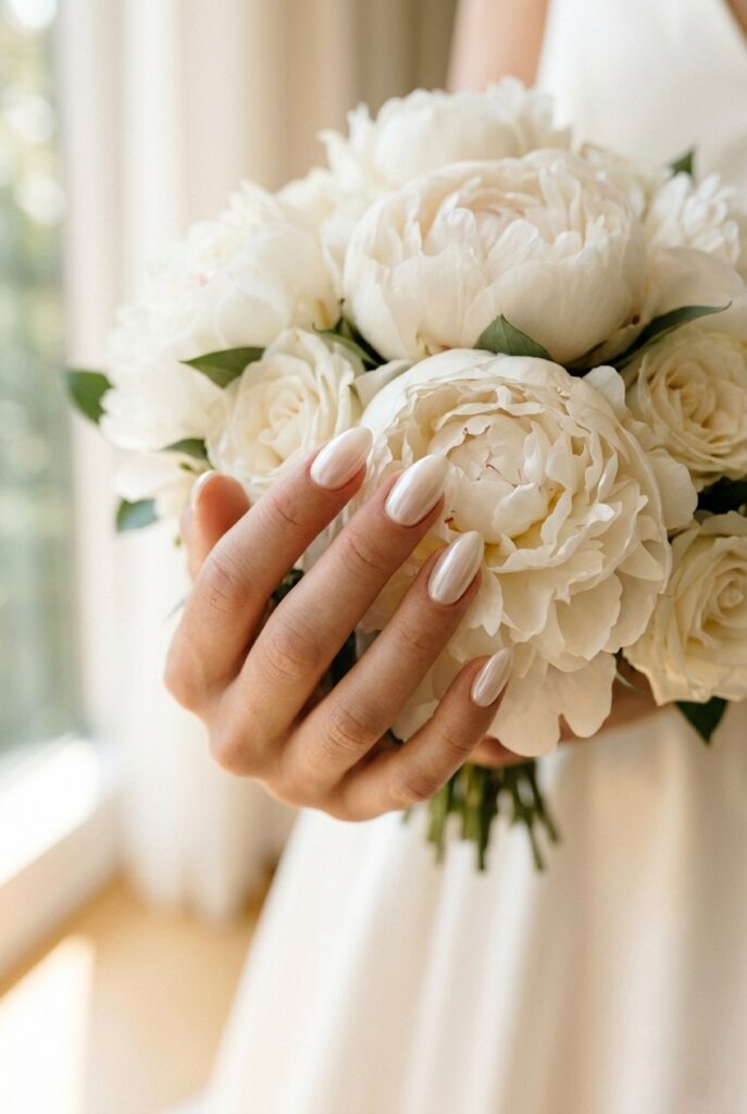 IMAGE 2 HERE Alt text: Bridal almond nails with milky white opaque glossy manicure held against a white peony bouquet Image prompt: Photorealistic close-up of a bride's hand with a milky opaque white glossy gel manicure on medium-length almond-shaped nails, fingers wrapped lightly around a full white peony bouquet with soft ivory and cream petals, soft warm natural window light, dreamy editorial bridal photography, no jewelry shown, no text overlays. Generate in vertical portrait orientation, 2:3 aspect ratio, optimized for mobile display.