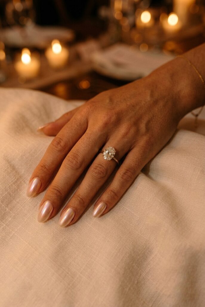 IMAGE 3 HERE Alt text: Bride's oval nails with soft pearl opalescent chrome finish shifting color in warm reception light Image prompt: Photorealistic close-up of a bride's hand with a pearl opalescent chrome manicure on oval nails, the chrome powder creating a soft iridescent pink-white shift, hand resting against cream satin fabric, warm amber candlelit atmosphere, the chrome surface catching multiple color tones simultaneously, editorial wedding photography style, no text overlays. Generate in vertical portrait orientation, 2:3 aspect ratio, optimized for mobile display.
