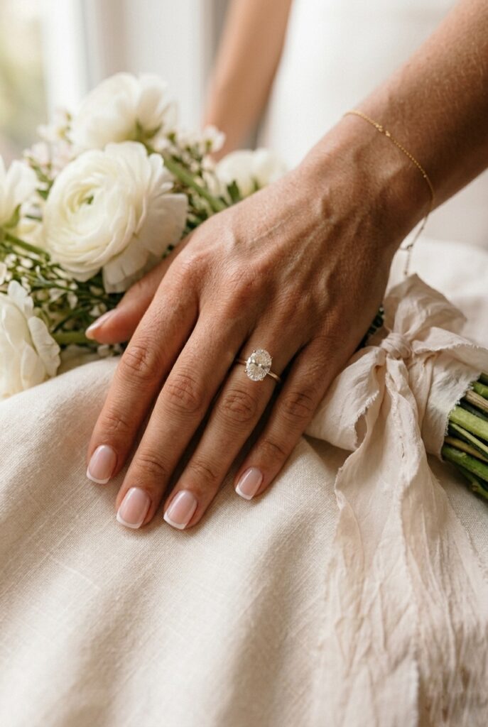 IMAGE 4 HERE Alt text: Close-up of squoval nails with a hairline micro French white tip on a soft pink base, ring and bouquet ribbon detail visible Image prompt: Photorealistic close-up of a bride's hand with a micro French tip manicure — a very thin, hairline white tip on short squoval nails over a soft sheer pink base — hand resting near a ribbon-tied bridal bouquet with white ranunculus, soft natural window light, crisp nail detail sharp in foreground, editorial bridal close-up, no text overlays. Generate in vertical portrait orientation, 2:3 aspect ratio, optimized for mobile display.