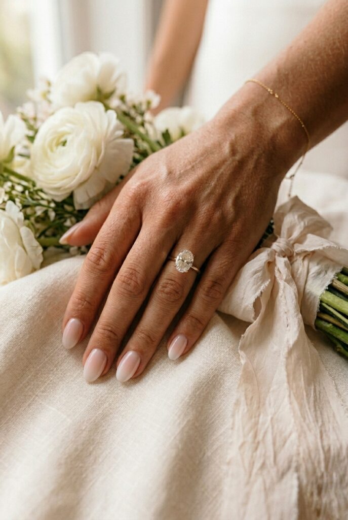 IMAGE 5 HERE Alt text: Bride's almond nails with a soft blush-to-white ombré gradient gel manicure, hand held over linen table runner Image prompt: Photorealistic close-up of a bride's hand with a soft blush-to-white gradient ombré gel manicure on almond-shaped nails, the gradient transitioning from barely-there blush at the base to milky white at the tip, hand resting on an ivory linen table runner, soft natural diffused window light, no harsh shadows, editorial wedding photography, no text overlays. Generate in vertical portrait orientation, 2:3 aspect ratio, optimized for mobile display.