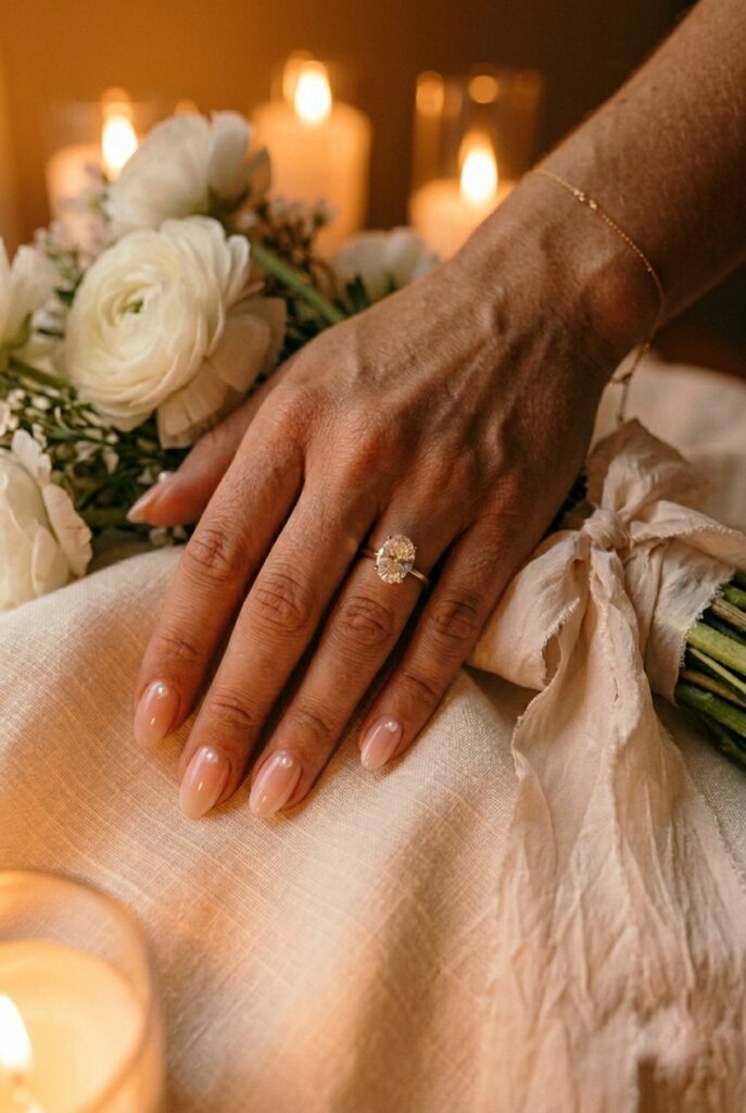 IMAGE 6 HERE Alt text: Bridal gel manicure with a single tiny flat pearl placed at the cuticle of each oval nail, warm candlelight setting Image prompt: Photorealistic close-up of a bride's hand with a sheer pink gel manicure on oval nails, a single small flat pearl accent placed at the base of each nail near the cuticle, hand photographed against cream silk fabric, warm amber candlelit atmosphere, the pearls catching the light softly, editorial bridal photography, no text overlays. Generate in vertical portrait orientation, 2:3 aspect ratio, optimized for mobile display.