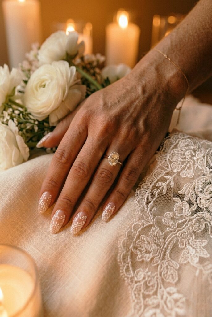 IMAGE 7 HERE Alt text: Bride's long oval nails with delicate hand-painted white lace nail art design over a sheer pink base, held near lace wedding dress fabric Image prompt: Photorealistic close-up of a bride's hand with delicate white lace pattern nail art hand-painted over a sheer pink gel base on long oval nails, the lace design featuring fine dotwork and floral vine details, hand held near ivory lace wedding dress fabric that echoes the nail design, soft natural window light, editorial bridal close-up photography, no text overlays. Generate in vertical portrait orientation, 2:3 aspect ratio, optimized for mobile display.