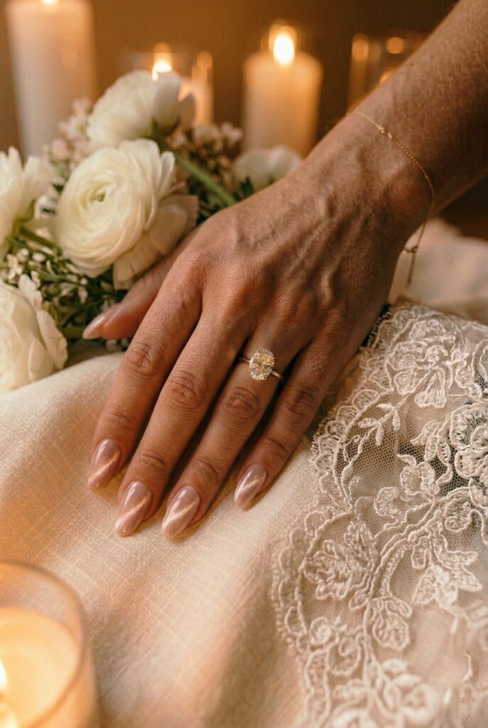 IMAGE 8 HERE Alt text: Bride's almond nails with a blush velvet cat eye gel manicure showing a magnetic stripe effect in warm light Image prompt: Photorealistic close-up of a bride's hand with a blush-champagne velvet magnetic cat eye gel manicure on almond nails, the magnetic gel creating a soft diagonal shimmer stripe across each nail, hand resting against cream-colored satin fabric, warm natural window light picking up the magnetic effect, editorial bridal photography, no text overlays. Generate in vertical portrait orientation, 2:3 aspect ratio, optimized for mobile display.