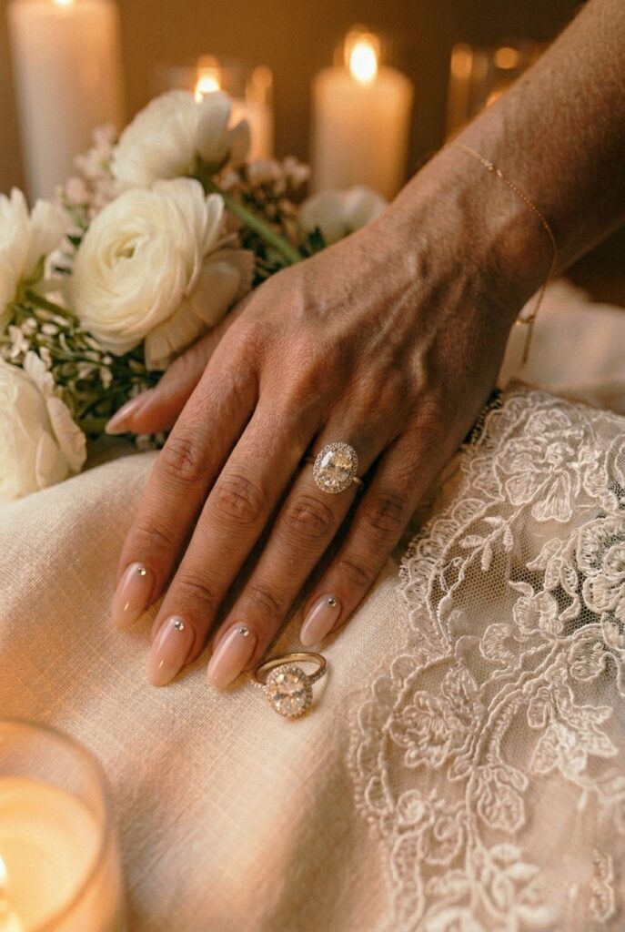 IMAGE 9 HERE Alt text: Bride's nails with minimal rhinestone accent — one crystal at each nail base — over a blush base gel, hand near wedding ring Image prompt: Photorealistic close-up of a bride's hand with a sheer blush gel manicure on oval nails with exactly one small clear AB rhinestone placed at the base cuticle area of each nail, hand resting near an oval-cut halo engagement ring, warm candlelit atmosphere with amber light making the crystal and ring stone glitter simultaneously, editorial bridal photography, no text overlays. Generate in vertical portrait orientation, 2:3 aspect ratio, optimized for mobile display.