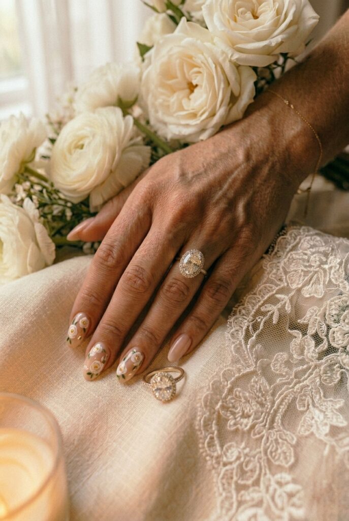 IMAGE 10 HERE Alt text: Bride's nails with hand-painted miniature white rose and green leaf nail art on a nude gel base, close-up detail shot Image prompt: Photorealistic close-up of a bride's hand with delicate hand-painted floral nail art on a sheer nude gel base — tiny white roses with soft yellow centers and small green leaves on three nails, remaining nails solid nude — on medium-length almond nails, hand positioned near a white garden rose bouquet with matching flowers visible, soft natural window light, editorial bridal photography, no text overlays. Generate in vertical portrait orientation, 2:3 aspect ratio, optimized for mobile display.