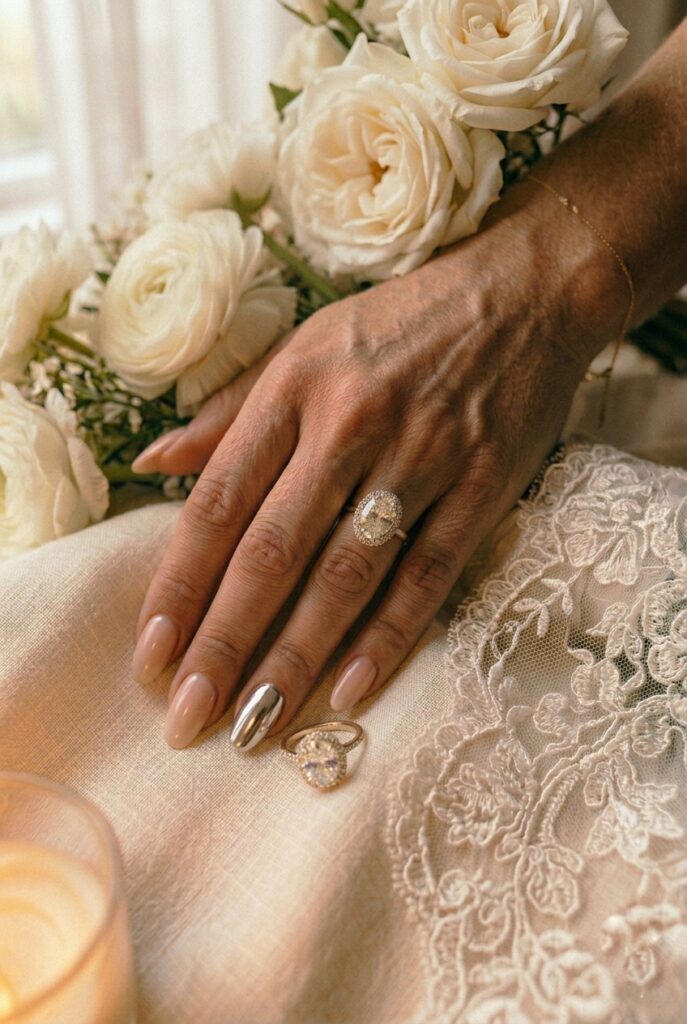 IMAGE 11 HERE Alt text: Bride's hand with four nude gel nails and one accent nail in mirror chrome on the ring finger, close-up with engagement ring Image prompt: Photorealistic close-up of a bride's hand with four sheer blush gel nails on four fingers and a mirror silver chrome accent nail on the ring finger, the chrome nail directly beside the diamond engagement ring creating a matching metallic moment, hand resting on ivory silk, soft natural window light, editorial wedding photography close-up, no text overlays. Generate in vertical portrait orientation, 2:3 aspect ratio, optimized for mobile display.