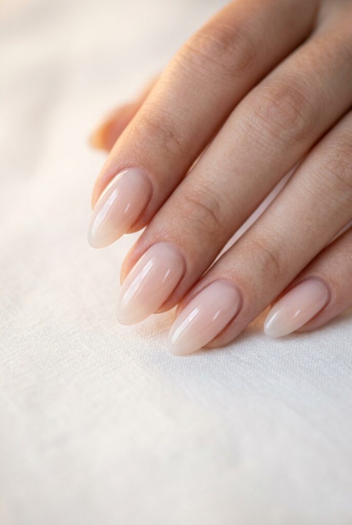 IMAGE 1 HERE Alt text: Elegant milky sheer bridal nails with ultra-gloss topcoat on almond-shaped nails, photographed against soft white background Image prompt: Photorealistic close-up portrait of a bride's hand with almond-shaped nails painted in a milky translucent white-pink gel polish with an ultra high-gloss topcoat. The nails catch soft warm window light showing a luminous, glass-like finish. Hand rests on a white linen surface. No jewelry. Soft natural window light for a daytime airy setting with gentle shadows. Generate in vertical portrait orientation, 2:3 aspect ratio, optimized for mobile display.