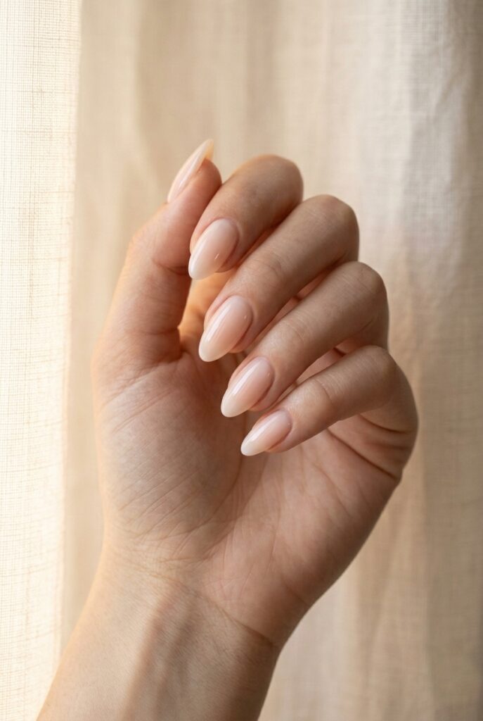 IMAGE 2 HERE Alt text: Soft blush nude bridal nails in almond shape with natural elongated finger appearance Image prompt: Photorealistic portrait shot of a bride's hand displaying almond-shaped nails in a warm barely-there nude blush gel color, slightly sheer. The nails elongate the fingers naturally. Hand is gently curved as if holding something. Soft natural window light from the left, casting gentle shadows across the fingers. Cream linen background. No jewelry, no text. Generate in vertical portrait orientation, 2:3 aspect ratio, optimized for mobile display.