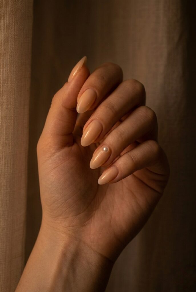 IMAGE 3 HERE Alt text: Single pearl accent bridal nail on ring finger with soft nude base and almond shape Image prompt: Photorealistic close-up of a bride's left hand showing almond-shaped nails in a milky nude gel base, with a single small white pearl affixed near the cuticle base of the ring finger nail only. Warm romantic candlelit atmosphere, soft golden light catching the pearl's surface. The rest of the nails are clean and unadorned. No engagement ring visible. Dark blurred background. Generate in vertical portrait orientation, 2:3 aspect ratio, optimized for mobile display.