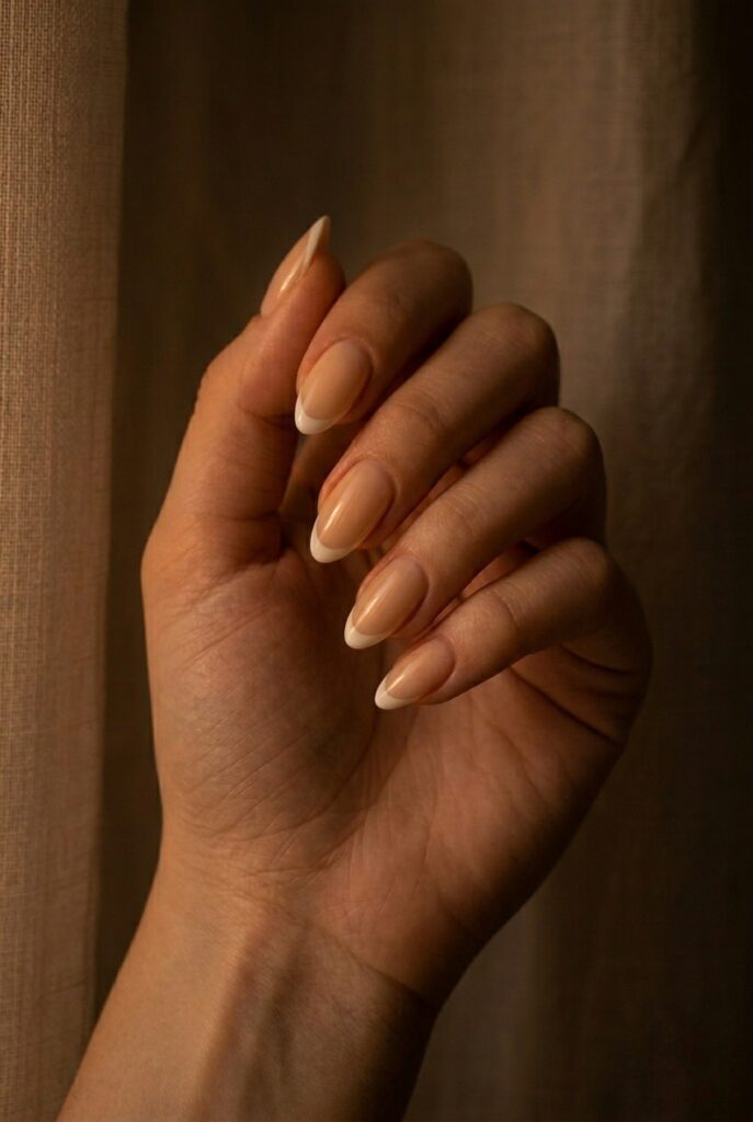 IMAGE 4 HERE Alt text: Micro French tip bridal nails with soft off-white tip on almond shaped nails Image prompt: Photorealistic close-up portrait of a bride's hand showing almond-shaped nails with a micro-French manicure: the tip line is very thin, roughly 1.5mm, in a warm off-white ivory rather than stark white. Base is a sheer skin-tone nude. Soft natural window light from the left. Clean cream background, no jewelry. The smile line is barely visible at arm's length but visible up close. Generate in vertical portrait orientation, 2:3 aspect ratio, optimized for mobile display.