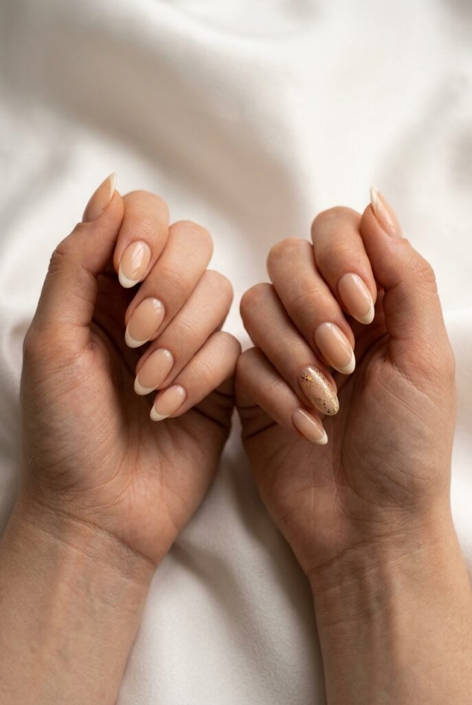 IMAGE 5 HERE Alt text: Bridal nails with accent detail placed on non-ring-hand for elegant photo balance Image prompt: Photorealistic close-up portrait of both of a bride's hands placed together, showing elegant milky nude almond nails on all fingers, with a delicate gold foil accent nail appearing on the right hand's middle finger, while the left hand (ring hand) remains completely unadorned except for the milky base. Soft natural window light from above. White silk background. The contrast between the decorated right hand and clean left hand is subtle but intentional. Generate in vertical portrait orientation, 2:3 aspect ratio, optimized for mobile display.
