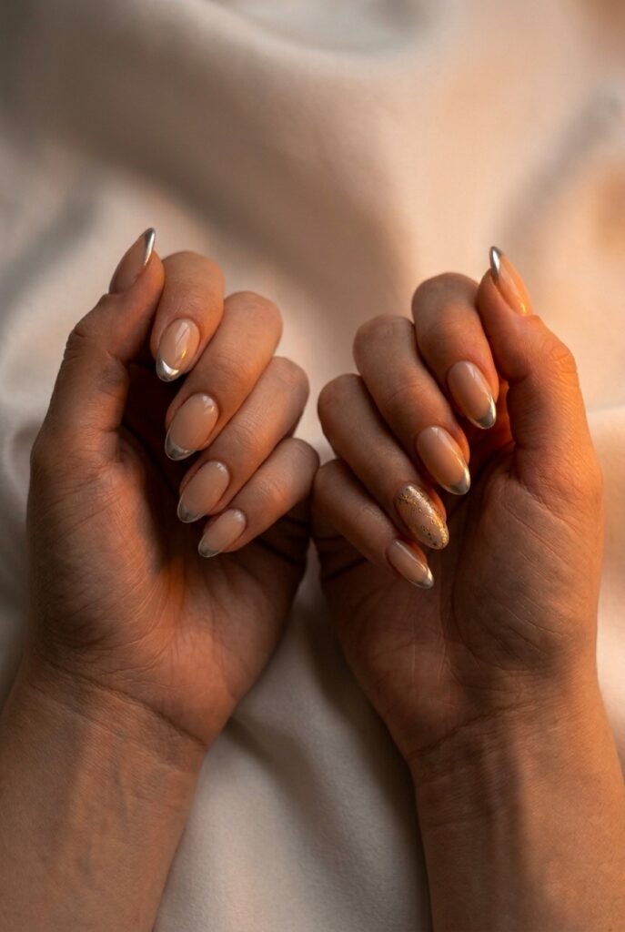 IMAGE 6 HERE Alt text: Chrome French tip bridal nails with soft silver chrome on almond nails and milky base Image prompt: Photorealistic close-up of a bride's hand showing almond-shaped nails with a milky sheer base and a micro-French tip finished with fine silver chrome powder rather than white polish. The chrome tip is subtle and catches warm candlelight. Warm romantic candlelit atmosphere, soft amber glow from the right side. The finish reads as silver in highlight and soft grey in shadow. Dark warm background. No jewelry visible. Generate in vertical portrait orientation, 2:3 aspect ratio, optimized for mobile display.