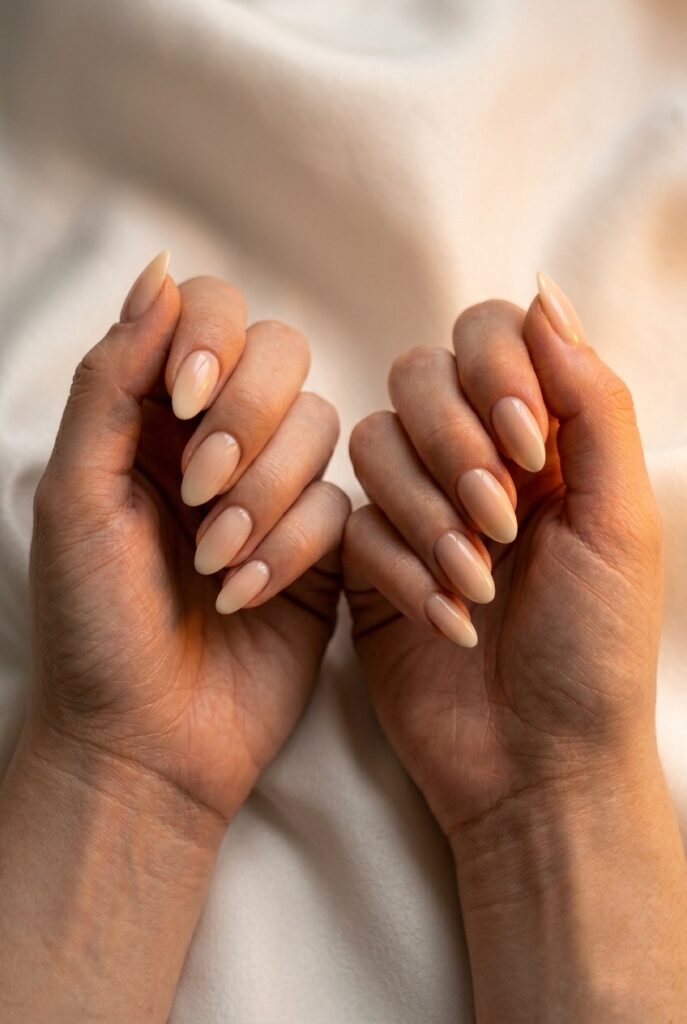 IMAGE 7 HERE Alt text: Elegant soft nude ombré bridal nails with two neutral tones blended on almond shaped nails Image prompt: Photorealistic portrait of a bride's hand showing almond-shaped nails with a soft two-tone nude ombré — transitioning from a warm ivory at the cuticle to a slightly deeper blush or champagne at the tip. The gradient is very subtle, almost imperceptible at first glance. Soft natural window light from above. Clean white background, no jewelry. The nails appear dimensional but not dramatic. Generate in vertical portrait orientation, 2:3 aspect ratio, optimized for mobile display.
