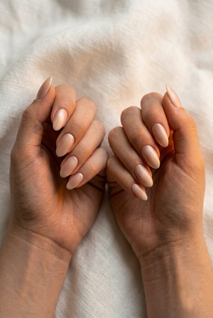 IMAGE 8 HERE Alt text: Elegant bridal nails with soft matte velvet satin finish in warm nude tone on almond shape Image prompt: Photorealistic close-up portrait of a bride's hand showing almond-shaped nails in a warm nude gel polish with a soft matte satin finish — not fully matte, not glossy, but a brushed velvet-like sheen that catches the light differently from different angles. Soft natural window light. The texture of the nail surface is subtly visible. White linen background. No jewelry. Generate in vertical portrait orientation, 2:3 aspect ratio, optimized for mobile display.