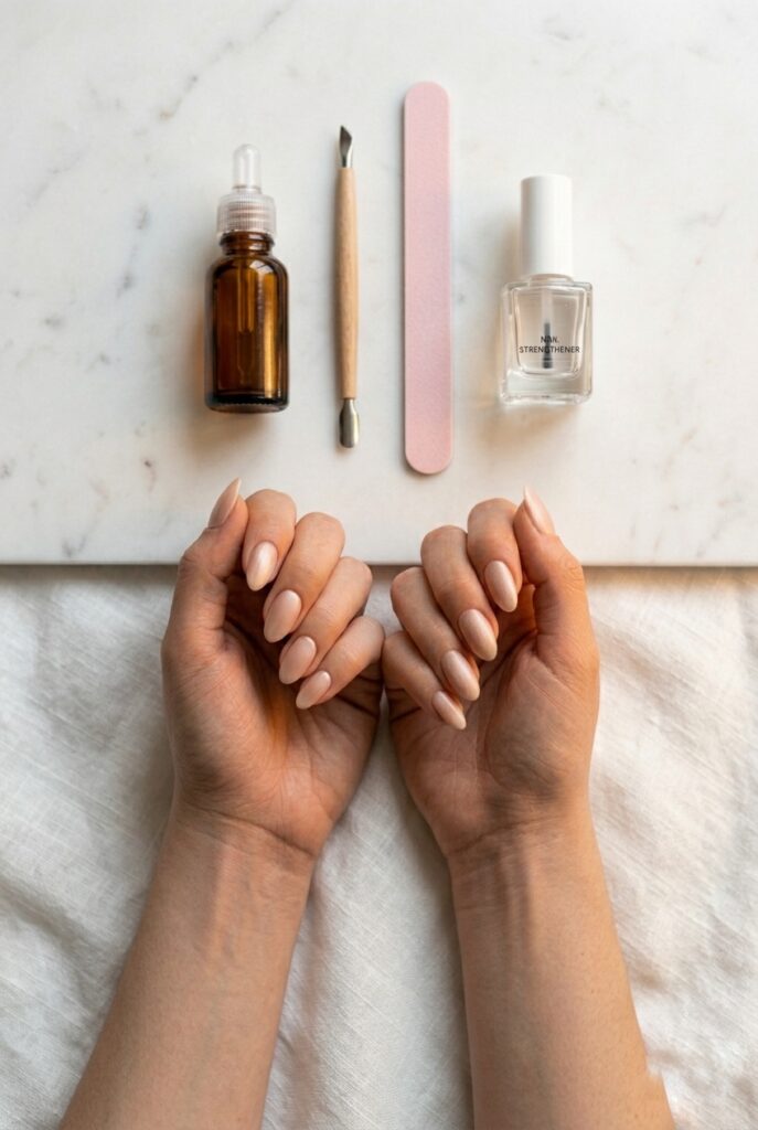 IMAGE 9 HERE Alt text: Bridal nail care prep with cuticle oil and strengthening routine for wedding day nails Image prompt: Photorealistic flat lay portrait showing a clean white marble surface with a small amber glass bottle of cuticle oil, a wooden-handled cuticle pusher, a soft pink nail file, and a glass bottle of nail strengthener with a clear label. All objects are neatly arranged. Soft natural window light from the top left, casting gentle even shadows. No nails visible — purely the tools. Minimal, editorial, spa-like aesthetic. Generate in vertical portrait orientation, 2:3 aspect ratio, optimized for mobile display.