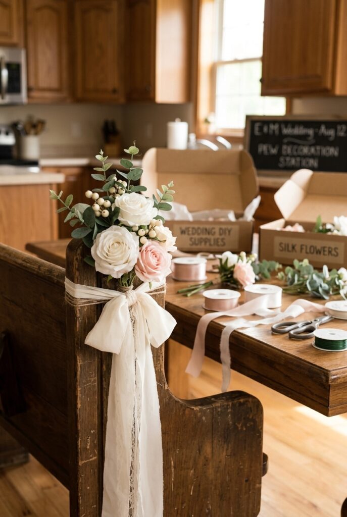 Elegant DIY wedding pew flower markers made with pre-assembled silk flower boxes, greenery sprays, ribbon, and twine arranged on rustic wooden church pews. The floral bundles feature white and blush roses with eucalyptus greenery, tied together with soft chiffon ribbon for a romantic budget-friendly wedding aisle decoration.