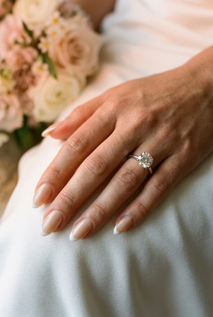 IMAGE 1 HERE Alt text: Micro French manicure on natural almond nails with hair-thin white tip line against a nude blush base, wedding ring visible Image prompt: Photorealistic close-up portrait of a bride's hand with a micro French manicure — an ultra-thin, precise white tip barely 1mm wide on almond-shaped natural nails, soft nude blush base with a healthy sheen, diamond solitaire ring on the ring finger, warm romantic candlelit atmosphere with a soft amber glow illuminating the hand against a blurred white floral background, skin tones warm and natural, cuticles immaculate, no product buildup at sidewalls, editorial close-up shot. Generate in vertical portrait orientation, 2:3 aspect ratio, optimized for mobile display.