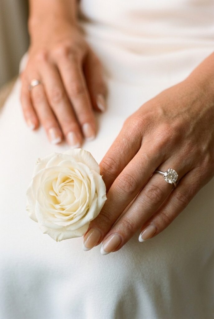IMAGE 2 HERE Alt text: Side-by-side comparison of almond-shaped and square-shaped bridal French nails on a bride's hand holding white garden roses Image prompt: Photorealistic close-up portrait showing a bride's hand with soft almond-shaped French nails holding a single white garden rose, a second hand visible slightly out of focus in the background with a square French tip for subtle comparison, warm champagne base with thin white tip on the almond nails, soft natural window light creating a clean airy feel, white fabric in the far background, clean cuticles, no embellishments, elegant and minimal, editorial quality. Generate in vertical portrait orientation, 2:3 aspect ratio, optimized for mobile display.