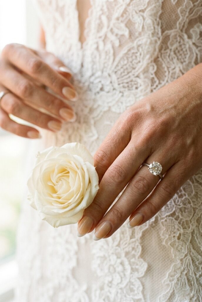 IMAGE 3 HERE Alt text: Bridal French manicure with warm champagne-toned base and soft white tip photographed against an ivory lace wedding dress Image prompt: Photorealistic close-up portrait of a bride's hand resting against the lace bodice of an ivory wedding gown, French manicure with a warm champagne-toned sheer base and delicate white tip on medium-length oval nails, the base tone is slightly golden-warm rather than stark nude, diamond ring softly catching light, soft natural window light from a large window creating a luminous, airy atmosphere, clean cuticles, soft focus background of lace texture, editorial bridal photography quality. Generate in vertical portrait orientation, 2:3 aspect ratio, optimized for mobile display.