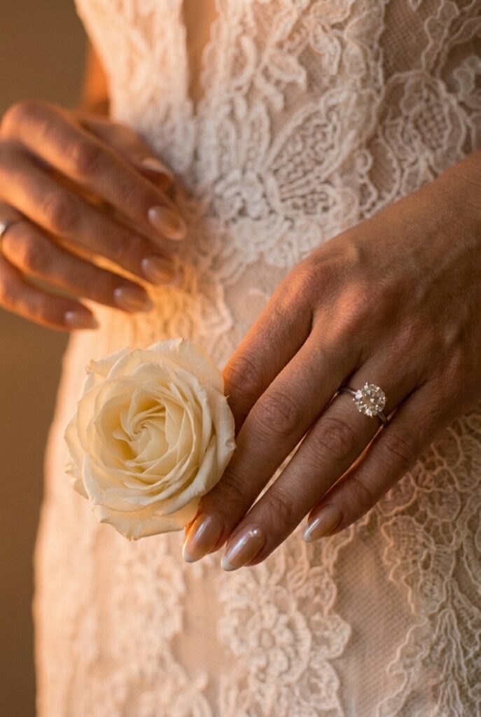 IMAGE 4 HERE Alt text: Bridal French nails with soft pearl-finish white tips and a single tiny pearl bead at the cuticle on ring finger, held near white roses Image prompt: Photorealistic close-up portrait of a bride's hand with pearl-finish French manicure — the white tip has a subtle iridescent sheen rather than a matte or plain white, a single tiny freshwater pearl bead detail at the base of the ring finger nail, champagne-nude base, oval-shaped nails, the hand rests near a cluster of white garden roses, warm romantic candlelit atmosphere creating a golden rim light on the hand and nails, diamond ring visible, cuticles perfectly maintained, editorial quality, sophisticated and feminine without being ornate. Generate in vertical portrait orientation, 2:3 aspect ratio, optimized for mobile display.