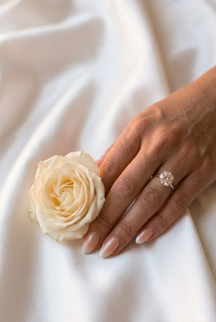 IMAGE 5 HERE Alt text: Soft ombre French bridal manicure blending from sheer pink at the base to white at the tips on medium almond nails Image prompt: Photorealistic close-up portrait of a bride's hand with an ombré French manicure, the gradient blending seamlessly from a sheer blush-pink at the nail base into a soft creamy white at the tip with no visible hard line, almond-shaped nails of medium length, the hand rests on a white satin cloth, soft natural window light from the side creating a gentle luminous glow, diamond engagement ring catching light on ring finger, cuticles clean and hydrated, no embellishments, the gradient is subtle and elegant rather than dramatic, editorial bridal photography quality. Generate in vertical portrait orientation, 2:3 aspect ratio, optimized for mobile display.