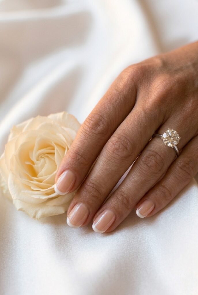 IMAGE 6 HERE Alt text: Short natural nails with a clean micro French manicure on a bride's hand, diamond engagement ring prominent Image prompt: Photorealistic close-up portrait of a bride's hand with short, natural-length nails — approximately 2mm past the fingertip — with an immaculate micro French manicure, ultra-thin white tip line, warm nude-pink sheer base, natural nail with a slightly squared-off oval shape, diamond solitaire engagement ring on ring finger, soft natural window light creating a clean and fresh feel, background slightly blurred white fabric, absolutely no length extensions, the look is clean, polished, and genuinely elegant on short nails, no embellishments. Generate in vertical portrait orientation, 2:3 aspect ratio, optimized for mobile display.
