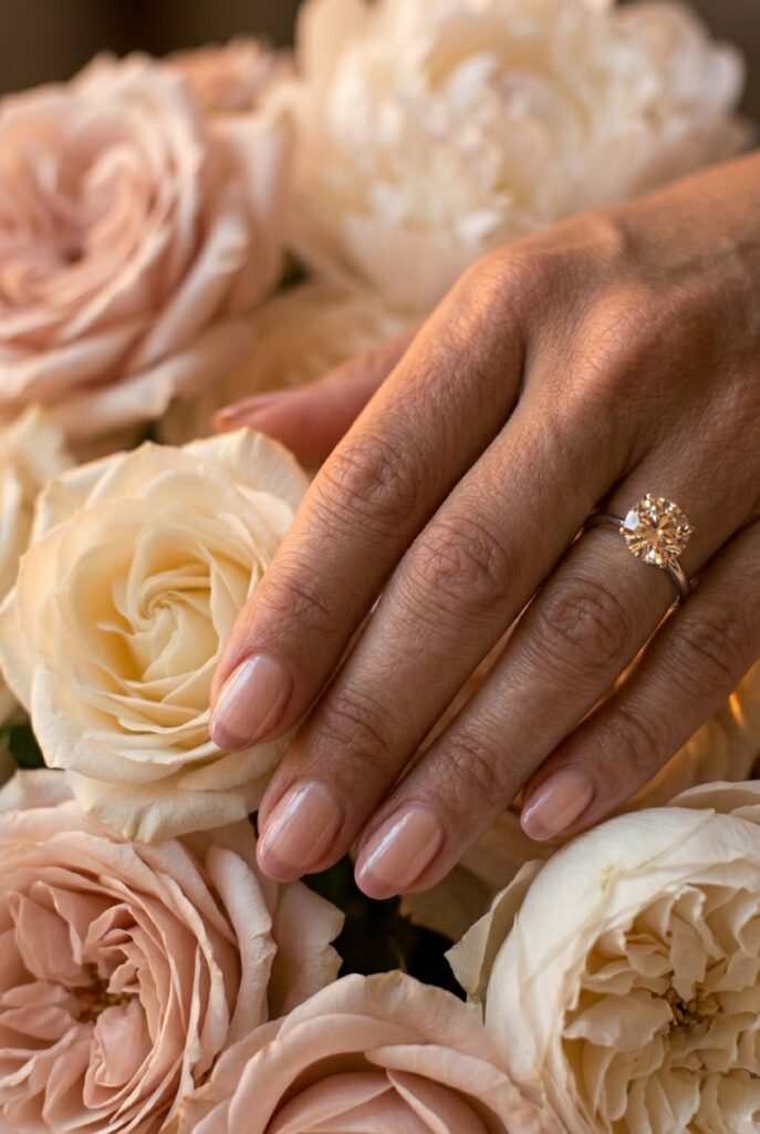 IMAGE 7 HERE Alt text: Soft rose-toned colored French tip bridal manicure on medium oval nails, held against blush floral arrangement Image prompt: Photorealistic close-up portrait of a bride's hand with a colored French tip manicure — the tip is a soft dusty rose rather than white, blended cleanly on medium oval nails with a sheer barely-there base, the hand is held near a loose arrangement of blush and ivory garden roses and peonies, warm romantic candlelit atmosphere with a golden rim glow on the hand, diamond ring visible, cuticles immaculate, no glitter or rhinestones, the overall effect is romantic and deliberate rather than trendy, editorial quality. Generate in vertical portrait orientation, 2:3 aspect ratio, optimized for mobile display.