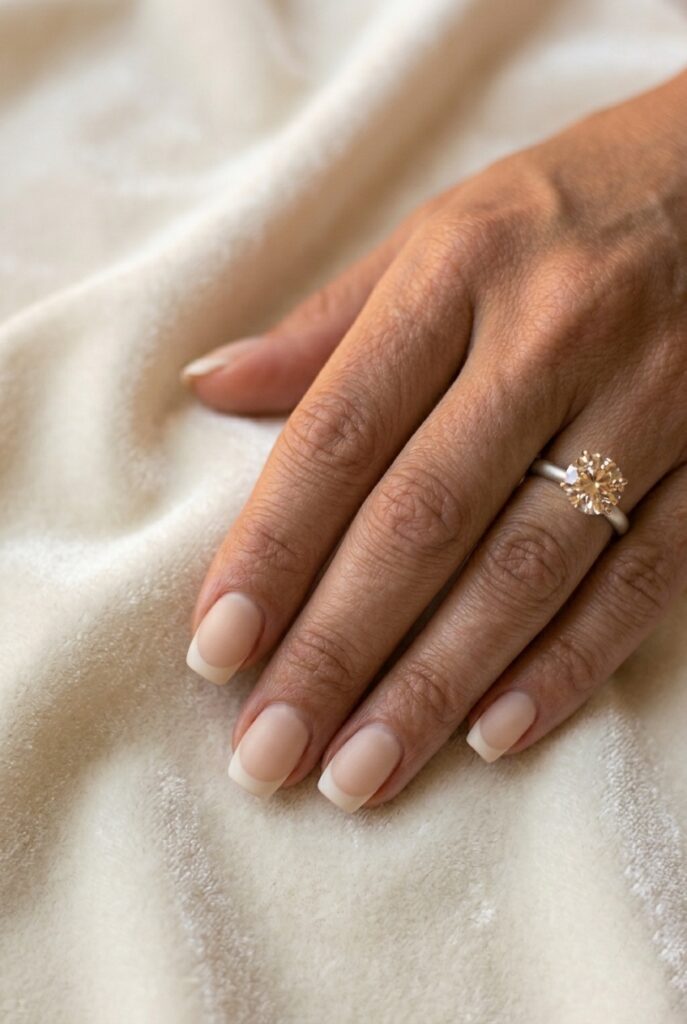 IMAGE 8 HERE Alt text: Matte velvet finish bridal French manicure with a soft champagne base and matte white tip on medium square nails Image prompt: Photorealistic close-up portrait of a bride's hand with a velvet matte French manicure — the nails have a non-shiny matte finish overall, the French tip is softly delineated in a matte creamy white against a matte champagne base, medium-length square nails with slightly rounded corners, the hand rests on ivory velvet fabric, soft natural window light creating a subtle, flat luminous look with no glare, diamond ring with a matte-finish band visible, cuticles immaculate, the look is deliberately understated and cool-girl rather than sparkly, editorial quality. Generate in vertical portrait orientation, 2:3 aspect ratio, optimized for mobile display.