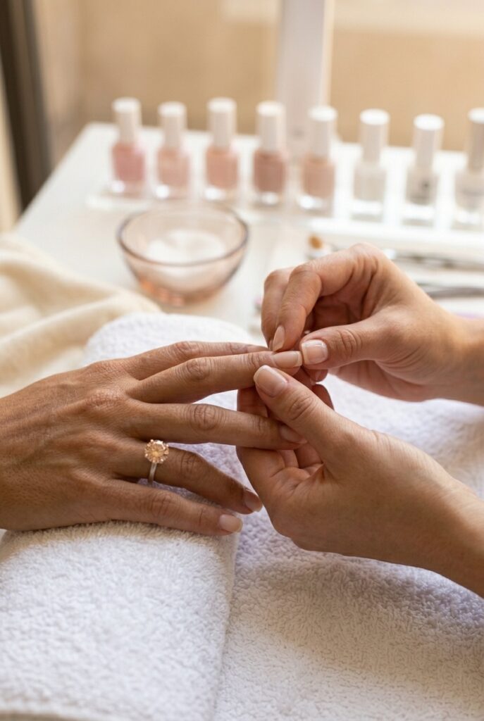 IMAGE 9 HERE Alt text: Nail technician at a salon showing a bride a French manicure test on a single nail before a wedding appointment Image prompt: Photorealistic close-up portrait set in a clean modern nail salon, a nail technician's hands working on a single nail of a bride's left hand, demonstrating a French tip test, the bride's hand is relaxed on a white towel, warm soft salon lighting, bottles of sheer nail polish visible in the background in a blurred bokeh, the nail being worked on shows a clean micro French tip in progress, the atmosphere is professional and calm, the image captures a close consultation moment rather than a finished manicure, soft natural light supplemented by warm salon overhead lighting. Generate in vertical portrait orientation, 2:3 aspect ratio, optimized for mobile display.