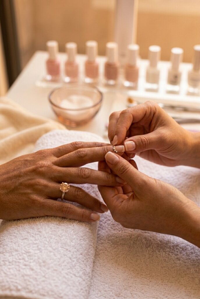 IMAGE 10 HERE Alt text: Bridal French manicure with a single crystal-embellished accent nail on the ring finger, other nails in micro French Image prompt: Photorealistic close-up portrait of a bride's hand with a French manicure — nine fingers in a clean micro French tip, the ring finger nail featuring a single delicate accent detail: two tiny crystal Swarovski rhinestones at the base of the nail near the cuticle, no other embellishments, almond-shaped nails, champagne base, diamond solitaire ring on the ring finger, warm romantic candlelit atmosphere with a soft amber glow, cuticles immaculate, the overall look is restrained and precise rather than heavily embellished, editorial quality close-up. Generate in vertical portrait orientation, 2:3 aspect ratio, optimized for mobile display.