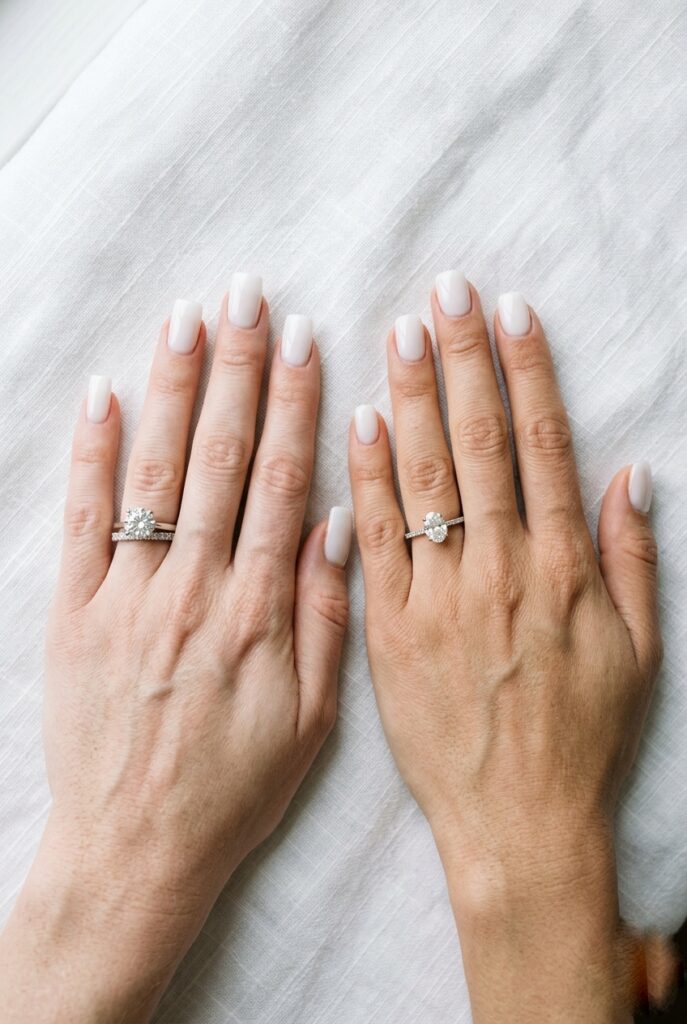 Photorealistic close-up portrait of two bride's hands displayed side by side on white linen — the left hand showing hard square nails with fully sharp 90-degree corners and a sheer white polish, the right hand showing soft square (squoval) nails with gently rounded corners in the same sheer white polish, soft natural window light from above creating clean shadows that emphasize the distinct corner geometries, both hands showing diamond rings, immaculate cuticles, no embellishments, the image is designed for direct visual comparison of the two shapes, editorial quality. Generate in vertical portrait orientation, 2:3 aspect ratio, optimized for mobile display.
