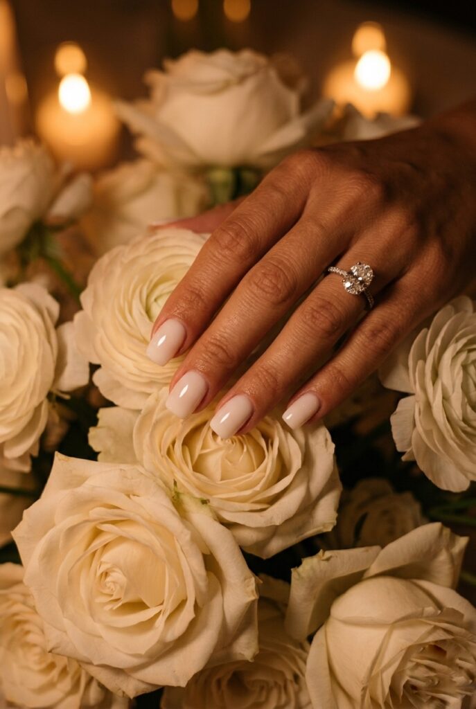 Photorealistic close-up portrait of a bride's hand with milky white square gel nails — a sheer opaque milky-white polish with a luminous high-gloss finish, soft square shaped nails of medium length (approximately 5–6mm past fingertip), the hand holds a loose cluster of white garden roses and ranunculus, warm romantic candlelit atmosphere with amber-toned light catching the glossy nail surface and the rose petals, diamond engagement ring visible on the ring finger, cuticles immaculate, no French tip or nail art detail, just clean milky white with exceptional gloss, editorial bridal photography quality. Generate in vertical portrait orientation, 2:3 aspect ratio, optimized for mobile display.