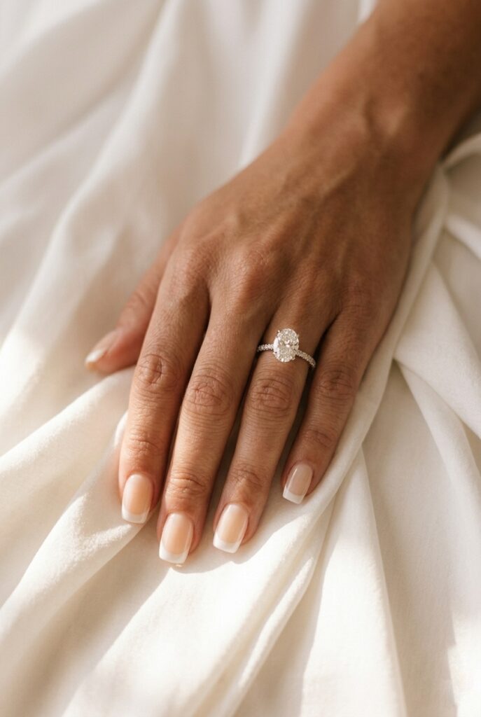 Photorealistic close-up portrait of a bride's hand with a clean square French manicure — a sheer nude-champagne base with a precisely applied white tip approximately 2mm wide, soft square nail shape at medium length, the hand rests on folded white cotton fabric, soft natural window light illuminating from the left creating a clean airy atmosphere, diamond solitaire ring prominent on ring finger, cuticles perfectly maintained, no rhinestones or embellishments, the white tip is crisp but not exaggerated, editorial quality. Generate in vertical portrait orientation, 2:3 aspect ratio, optimized for mobile display.