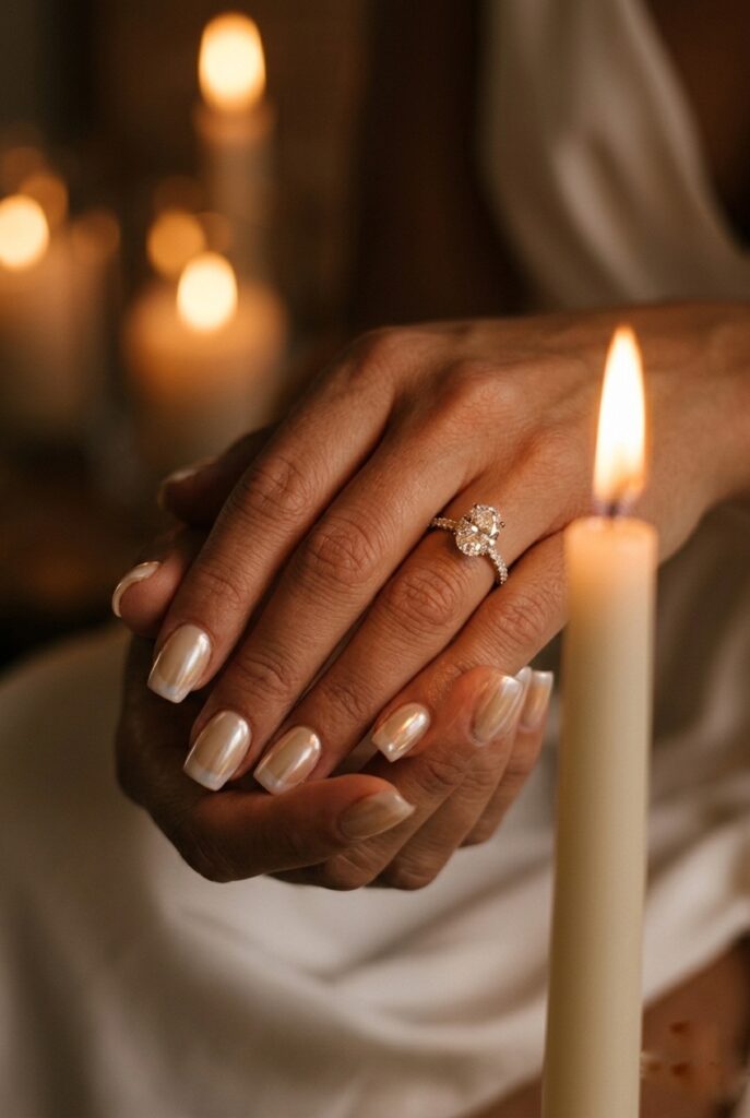 Photorealistic close-up portrait of a bride's hand with chrome soft-square nails — a soft pearl-chrome finish that shifts between white and pale champagne in different angles of light, medium-length soft square shape, the hand is held near a lit taper candle creating warm romantic candlelit atmosphere with amber rim light catching the chrome shimmer on each nail surface, diamond ring on ring finger reflecting the candlelight, cuticles immaculate, the chrome effect is subtle and opalescent rather than full silver mirror, the nails appear luminous and skin-adjacent rather than metallic, editorial bridal photography quality. Generate in vertical portrait orientation, 2:3 aspect ratio, optimized for mobile display.