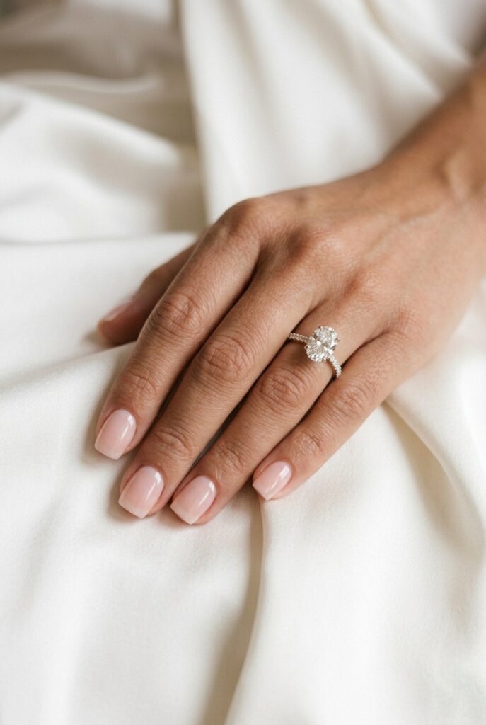 Photorealistic close-up portrait of a bride's hand with very short soft-square nails — nails extending only 1–2mm past the fingertip, polished in a sheer pink-nude with a high-gloss finish, the overall look is immaculate and perfectly maintained without any length, the hand rests on ivory satin fabric, soft natural window light creating a fresh clean atmosphere, large diamond engagement ring prominent and completely uncompeted on the ring finger, cuticles immaculate and hydrated, the look communicates precision and intentionality rather than simply "short nails," editorial bridal photography quality. Generate in vertical portrait orientation, 2:3 aspect ratio, optimized for mobile display.